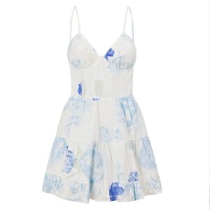 SABO Women's White And Blue Peony Floral Keyana Spagetti Strap Dress - Size 2